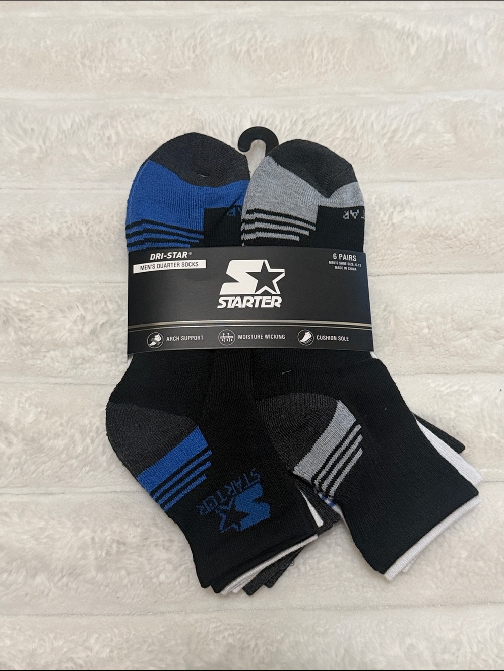 Starter Men's Dri-Star Half Cushion Quarter Socks 6-Pack Black & Blue